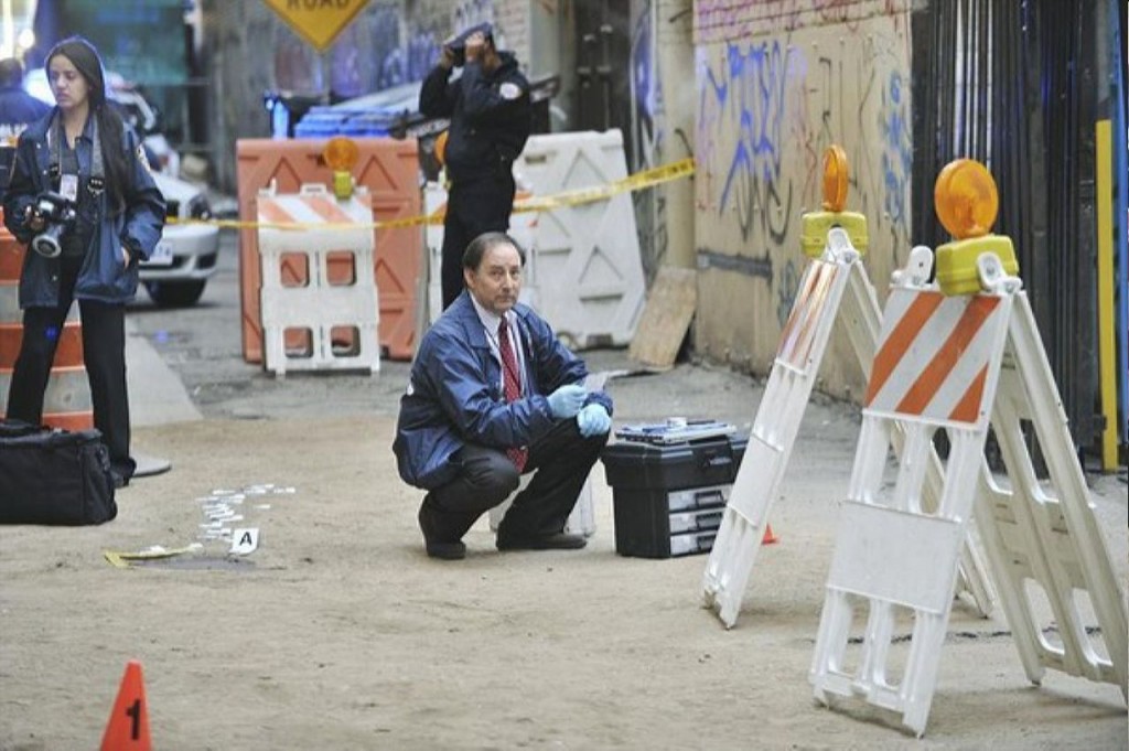 Perlmutter (Arye Gross) analyse la scéne de crime.