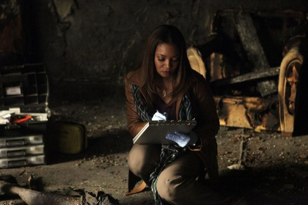 Lanie (Tamala Jones) prend des notes sur l'incendie.